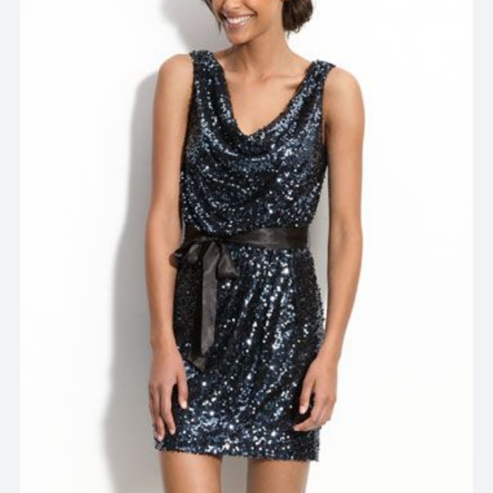 Aidan Mattox Midnight Sequin Mini Dress 6 Norstrom Missing Satin Belt
